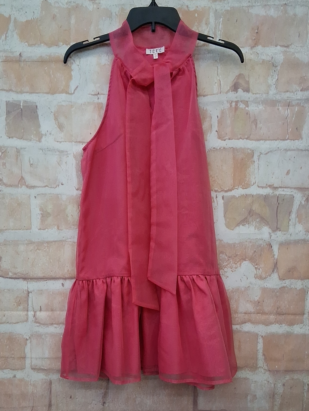 TCEC Pink Tie-Neck Ruffle Hem Formal Dress
